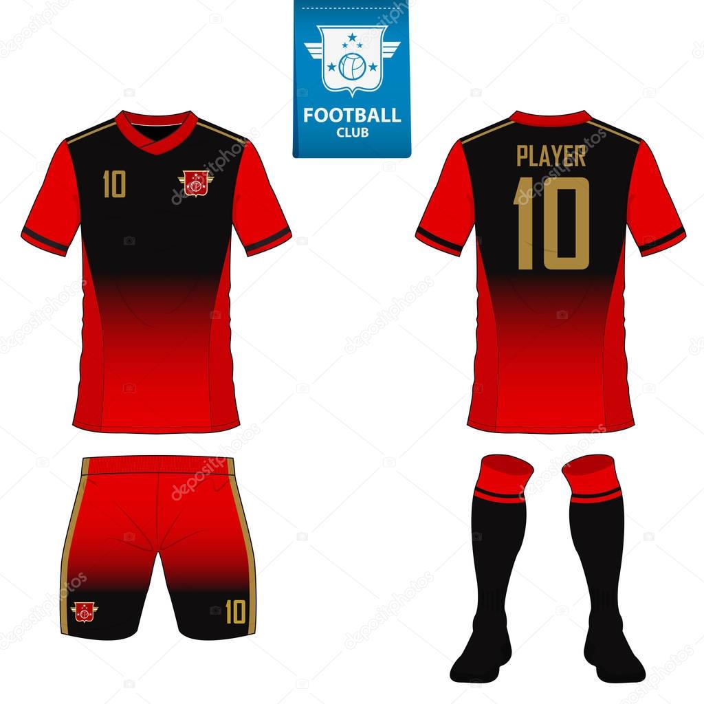 Set of soccer kit or football jersey template for football club. Flat football logo on blue label. Front and back view soccer uniform. Football shirt mock up. 