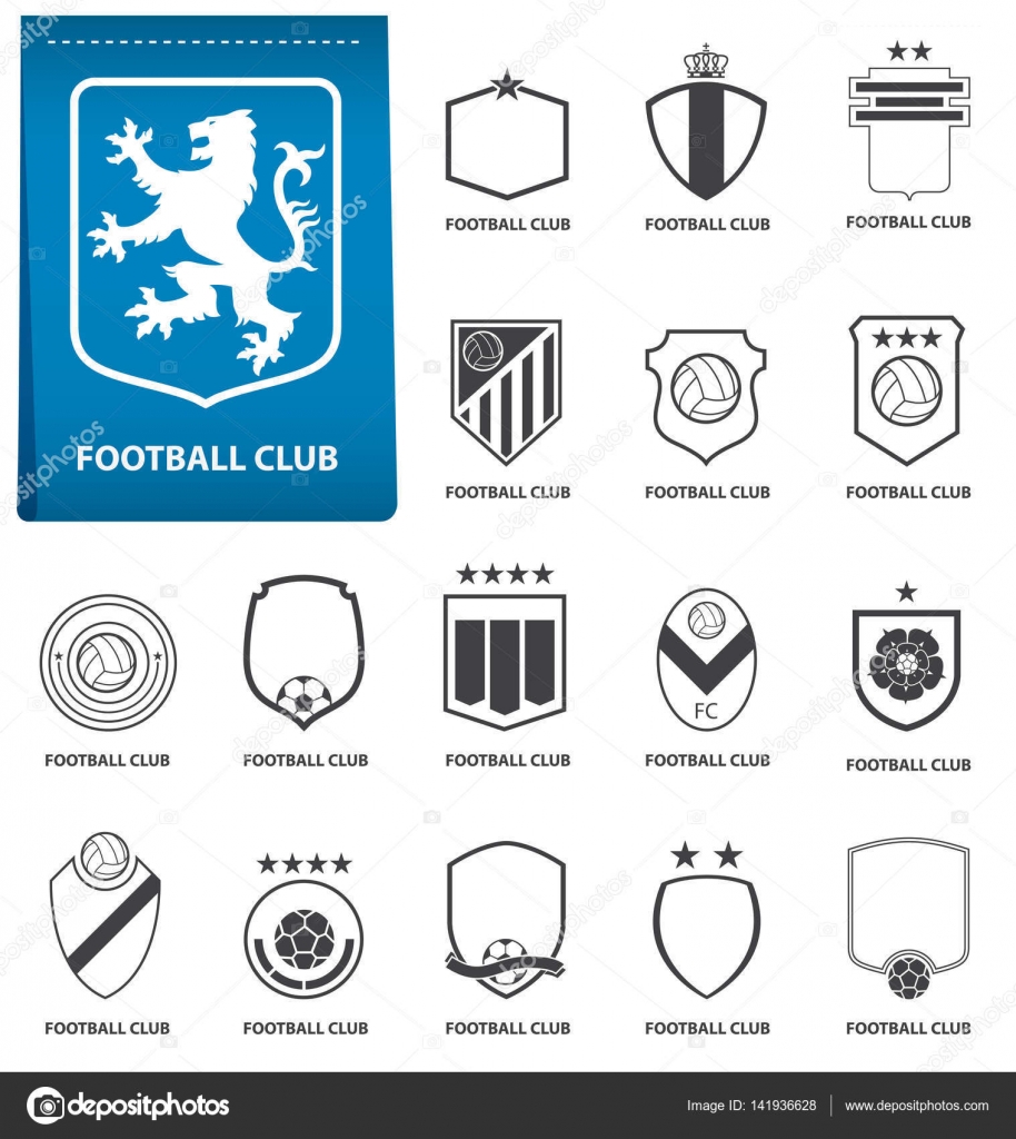 Set of football or soccer crest on blue tag in flat design. Football