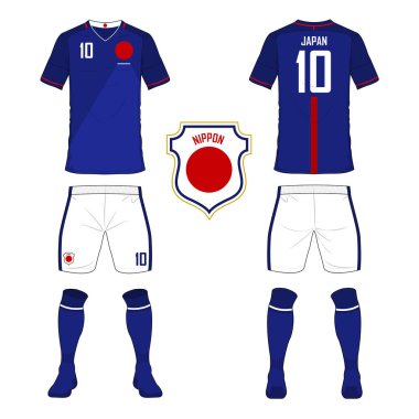 Japonya Millî Futbol takımı futbol jersey veya futbol takımı şablonu kümesi. Ön ve arka futbol Tekdüzen görüntüleyin. Spor gömlek kadar sahte.