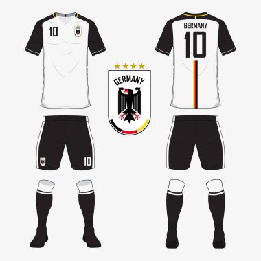 Almanya Millî Futbol takımı futbol jersey veya futbol takımı şablonu kümesi. Ön ve arka futbol Tekdüzen görüntüleyin. Spor gömlek kadar sahte.