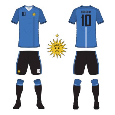 Futbol jersey veya futbol takımı şablonu Uruguay Milli Futbol Takımı için kümesi. Ön ve arka futbol Tekdüzen görüntüleyin. Spor gömlek kadar sahte. 