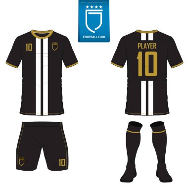 Futbol kulübü futbol takımı ya da futbol jersey şablonu kümesi. Mavi etiket üzerinde düz futbol logo. Ön ve arka futbol Tekdüzen görüntüleyin. Futbol forması kadar sahte.