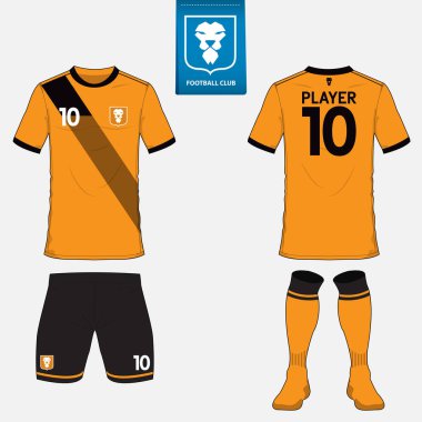 Futbol kulübü futbol takımı ya da futbol jersey şablonu kümesi. Mavi etiket üzerinde düz futbol logo. Ön ve arka futbol Tekdüzen görüntüleyin. Futbol forması kadar sahte. 