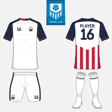 Futbol kulübü futbol takımı ya da futbol jersey şablonu kümesi. Mavi etiket üzerinde düz futbol logo. Ön ve arka futbol Tekdüzen görüntüleyin. Futbol forması kadar sahte. 