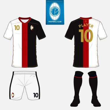 Futbol kulübü futbol takımı ya da futbol jersey şablonu kümesi. Mavi etiket üzerinde düz futbol logo. Ön ve arka futbol Tekdüzen görüntüleyin. Futbol forması kadar sahte. 