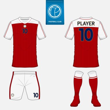 Futbol kulübü futbol takımı ya da futbol jersey şablonu kümesi. Mavi etiket üzerinde düz futbol logo. Ön ve arka futbol Tekdüzen görüntüleyin. Futbol forması kadar sahte. 