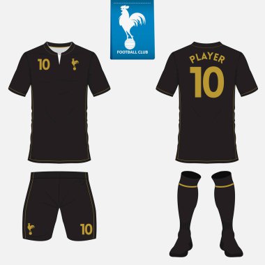 Futbol kulübü futbol takımı ya da futbol jersey şablonu kümesi. Mavi etiket üzerinde düz futbol logo. Ön ve arka futbol Tekdüzen görüntüleyin. Futbol forması kadar sahte. 