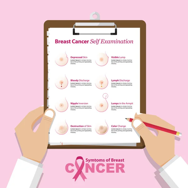 Infographic for breast cancer awareness in flat design. Hand holding Checklist clipboard. Medical and health care report. — Stock Vector