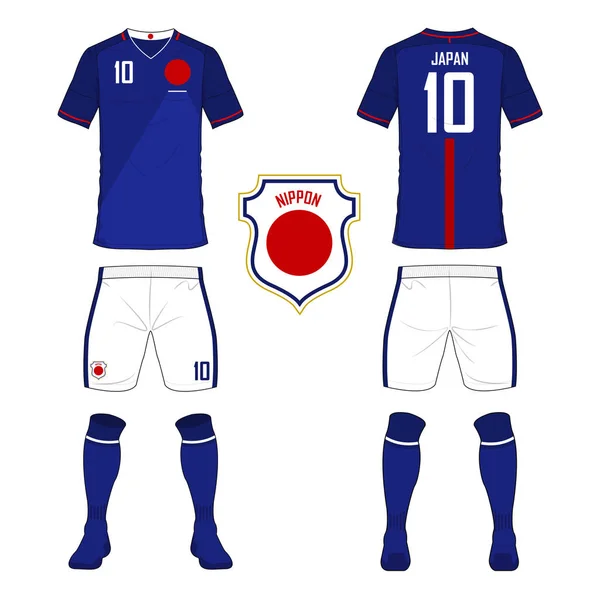 Set van voetbal trui of voetbal kit sjabloon voor nationale elftal van Japan. Voor- en achterkant voetbal uniforme weergeven Sport shirt mock up. — Stockvector