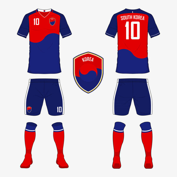 Set of soccer jersey or football kit template for South Korea national football team. Front and back view soccer uniform. Sport shirt mock up. 