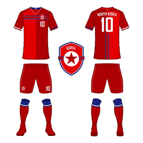 Set van voetbal trui of voetbal kit sjabloon voor Noord-Korea voetbalelftal. Voor- en achterkant voetbal uniforme weergeven Sport shirt mock up. — Stockvector