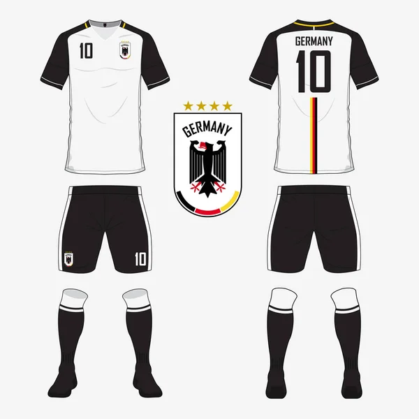 Ensemble de maillot de football ou modèle de kit de football pour l'équipe nationale de football de l'Allemagne. Uniforme de football vue de face et de dos. Chemise sport maquette . — Image vectorielle