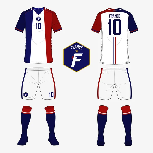 Conjunto de camiseta de fútbol o plantilla de kit de fútbol para la selección de fútbol nacional de Francia. Uniforme de fútbol con vista frontal y trasera. Camisa deportiva maqueta . — Vector de stock