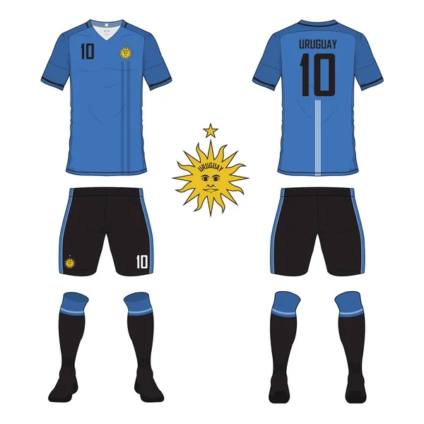 Conjunto de camisa de futebol ou modelo de kit de futebol para a seleção de futebol do Uruguai. Farda de futebol frontal e traseira. Camisa desportiva mock up . — Vetor de Stock