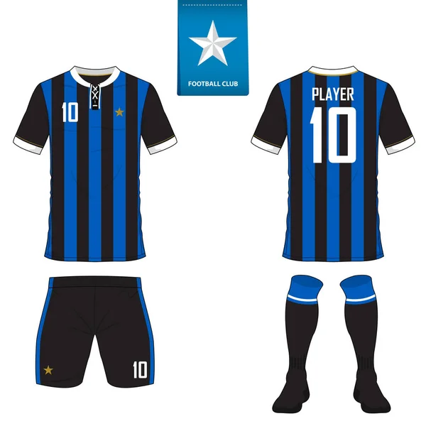 Conjunto de kit de fútbol o plantilla de camiseta de fútbol para club de fútbol. Logo de fútbol plano en etiqueta azul. Uniforme de fútbol con vista frontal y trasera. Camisa de fútbol simulada . — Vector de stock