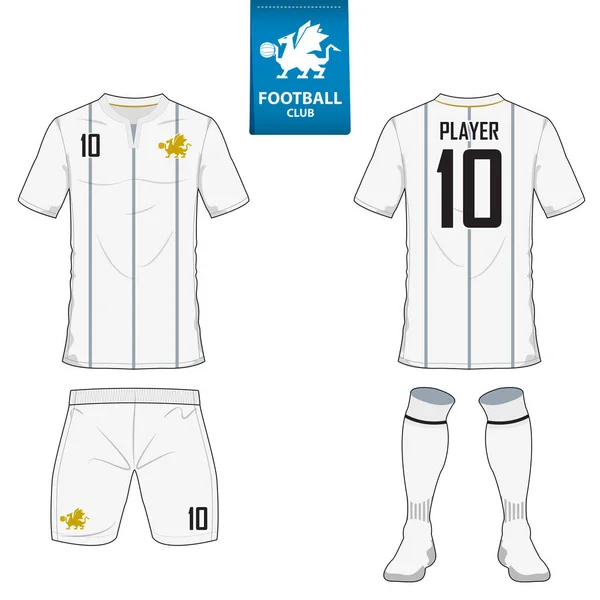 Conjunto de kit de fútbol o plantilla de camiseta de fútbol para club de fútbol. Logo de fútbol plano en etiqueta azul. Uniforme de fútbol con vista frontal y trasera. Camisa de fútbol simulada . — Archivo Imágenes Vectoriales