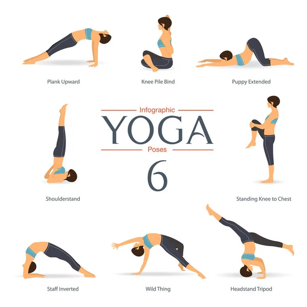 Ensemble de poses de yoga au design plat. Infographies de yoga. Vecteur . — Image vectorielle