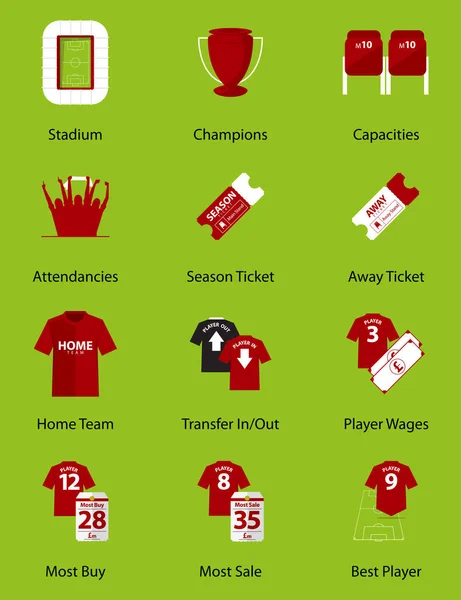 Infografía moderna para club de fútbol en diseño plano. Ubicación del equipo de fútbol. Conjunto de iconos planos de información del estadio de fútbol. Vector . — Vector de stock