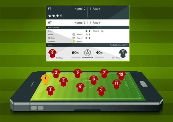 Futbol ya da futbol maç statik Infographic. Futbol oluşumu taktik. Futbol online kavramı. Düz tasarım. — Stok Vektör