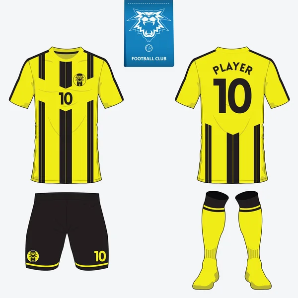 Ensemble de kit de football ou modèle de maillot de football pour club de football. Logo de football plat sur étiquette bleue. Uniforme de football vue de face et de dos. Chemise de football maquette . — Image vectorielle