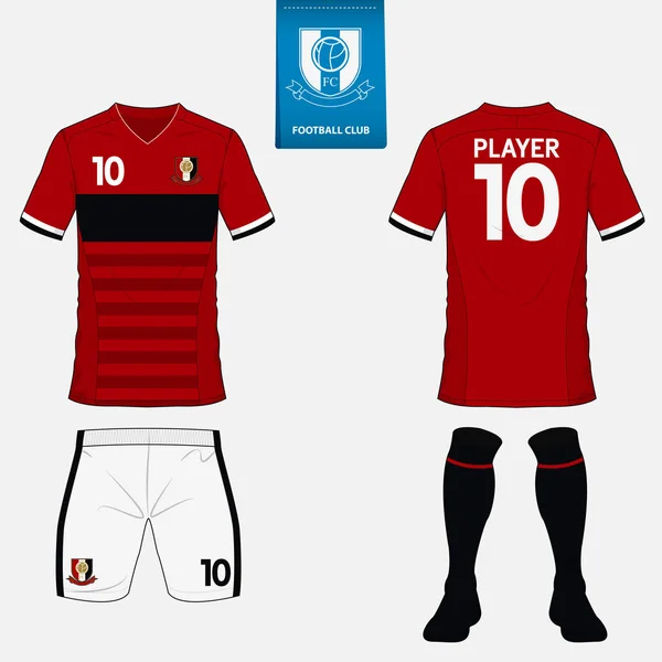 Set van voetbal kit of voetbal trui sjabloon voor voetbalclub. Platte voetbal logo op blauw label. Voor- en achterkant voetbal uniforme weergeven Voetbalshirt mock up. — Stockvector