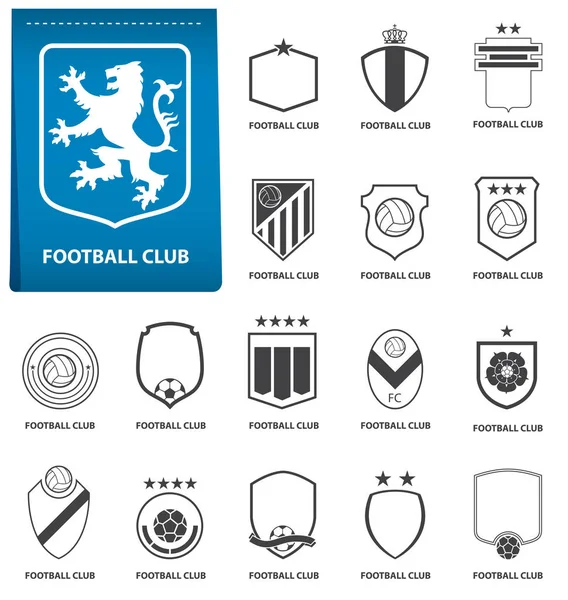 フラットなデザインで青いタグをサッカーやサッカーのクレストのセットです。サッカーのロゴのエンブレム。サッカー バッジ. — ストックベクタ