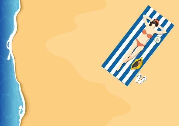 Mulheres sexy com biquíni rosa banhos de sol na praia. Férias de verão e paisagens marinhas . — Vetor de Stock