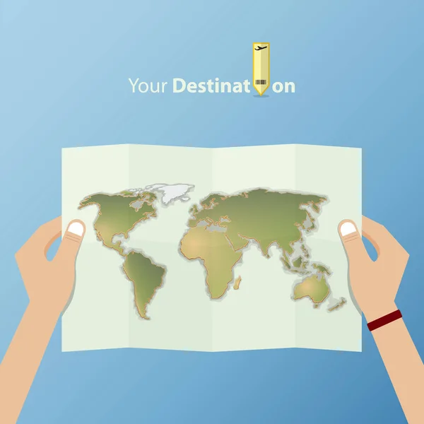 Wit gevouwen kaart van de wereld door de toeristische hand te houden. Kaart van de wereld in platte ontwerp. — Stockvector