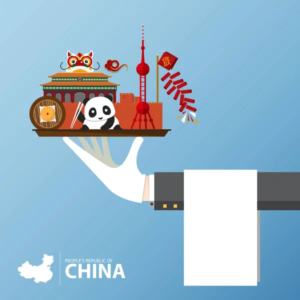 Travel to China infographic. Set of flat icons of Chinese architecture, food, traditional symbols. — Stock Vector