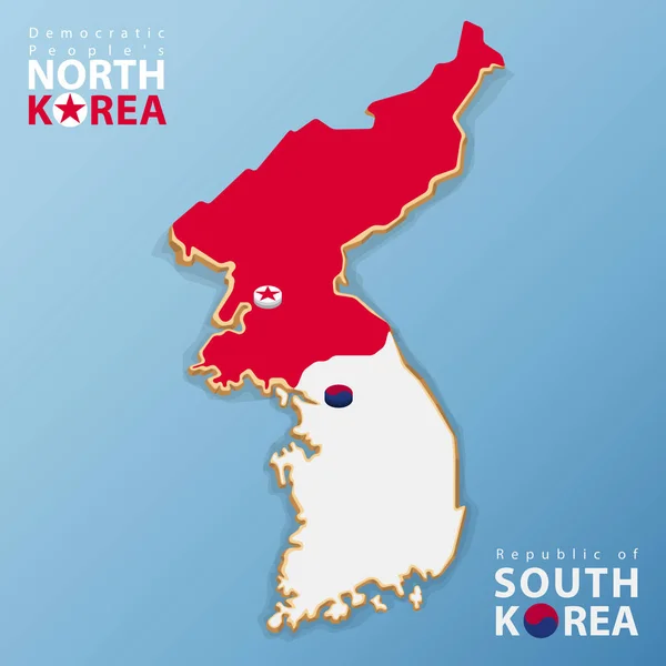 Βορείου και Νοτίου Κορέας χάρτη με τις σημαίες που απομονώνονται σε λευκό φόντο. — Διανυσματικό Αρχείο