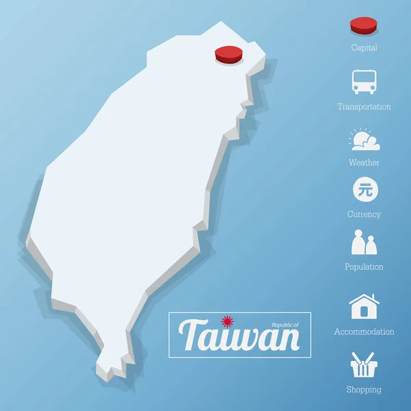 Mappa di Repubblica di Taiwan. Taipei City. Inclusa l'icona del turismo nel design piatto per l'infografica moderna . — Vettoriale Stock