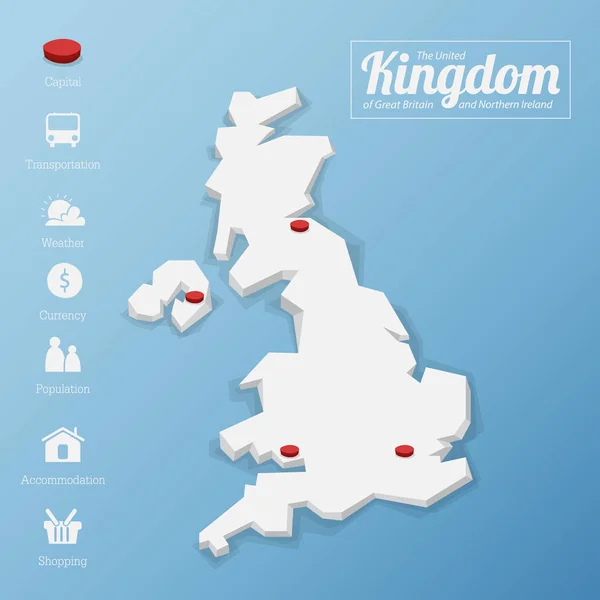 Ηνωμένο Βασίλειο της Μεγάλης Βρετανίας και Βορείου Ιρλανδίας χάρτη. Συμπεριλαμβανομένου του τουρισμού εικονίδιο στην επίπεδη σχεδίαση για σύγχρονη infographic. — Διανυσματικό Αρχείο