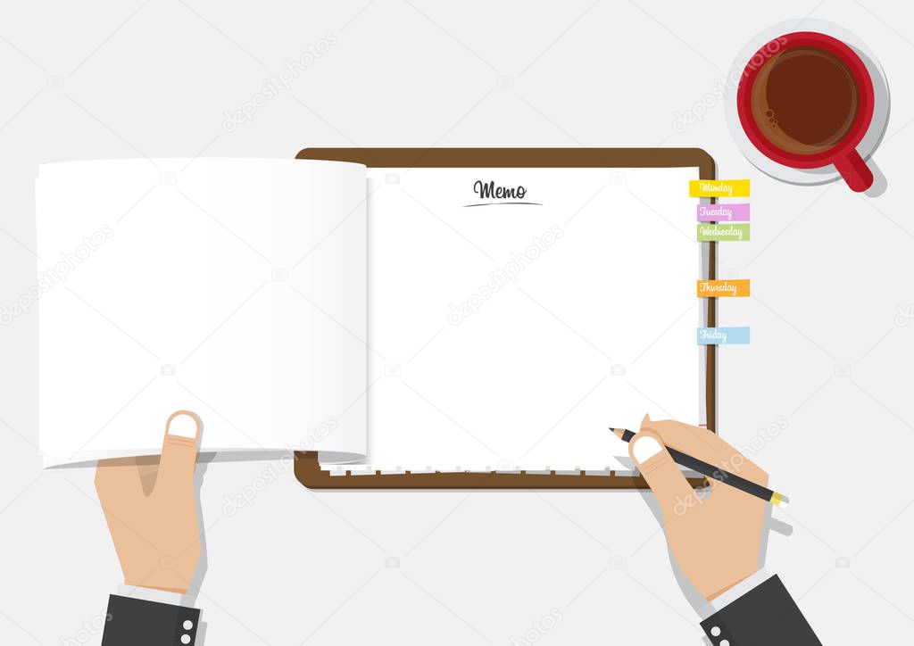 Blank checklist clipboard with businessmans hand holding black pencil and a cup of coffee. 