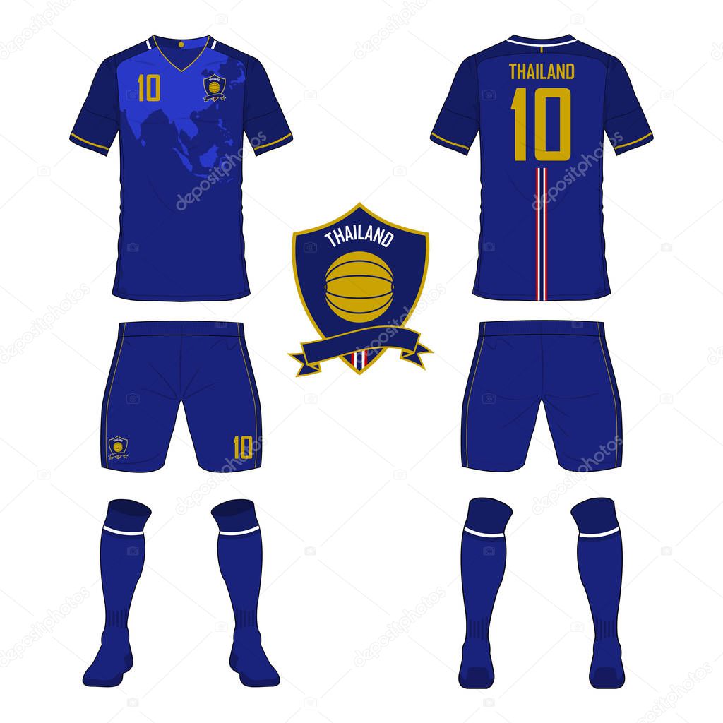 Set of soccer jersey or football kit template for Thailand national football team. Front and back view soccer uniform. Sport shirt mock up.