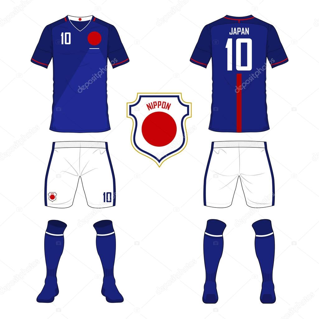 Set of soccer jersey or football kit template for Japan national football team. Front and back view soccer uniform. Sport shirt mock up.