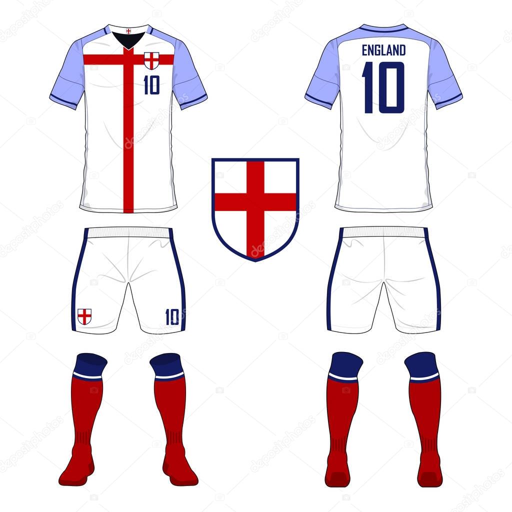 Set of soccer jersey or football kit template for England national football team. Front and back view soccer uniform. Sport shirt mock up. 