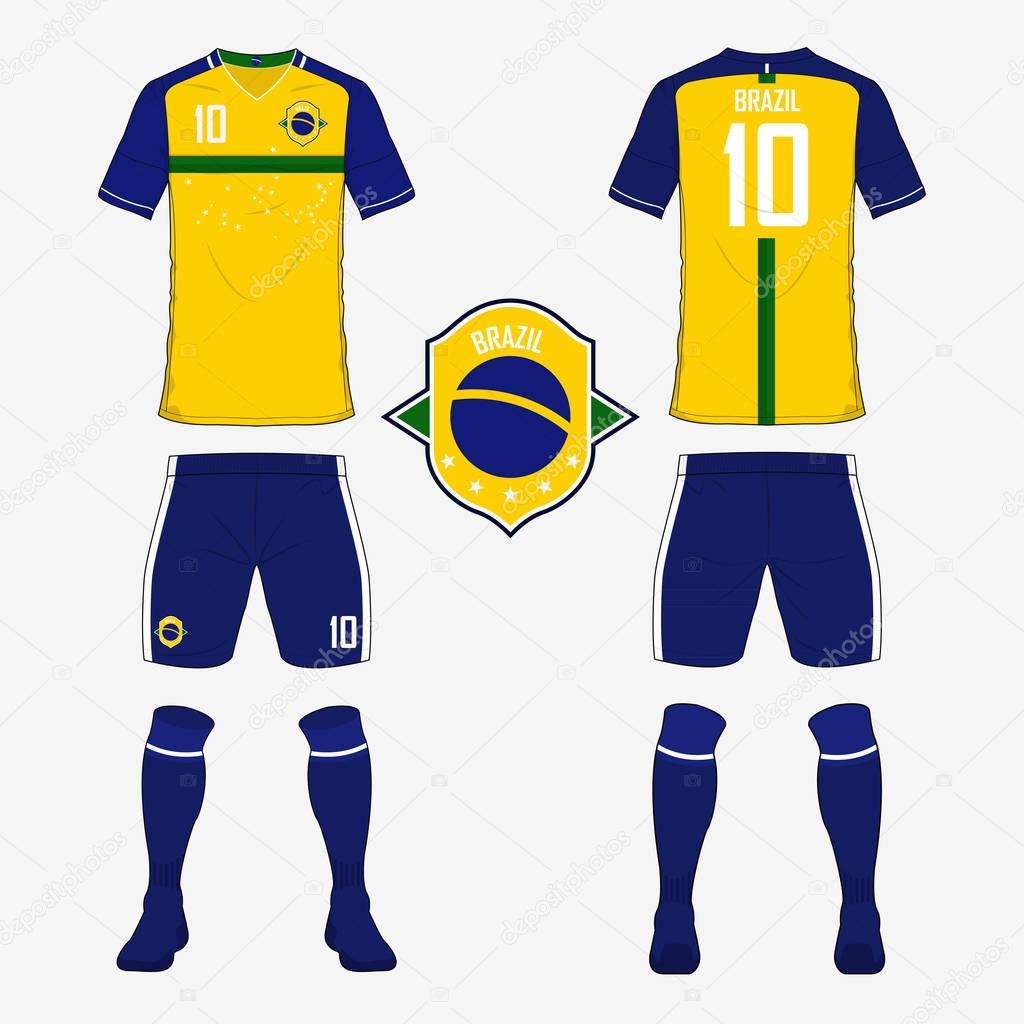 Set of soccer jersey or football kit template for Brazil national football team. Front and back view soccer uniform. Sport shirt mock up. Vector Illustration