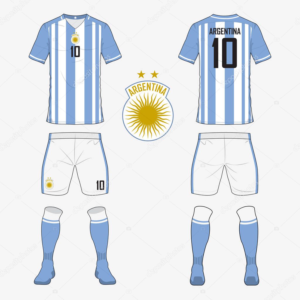 Set of soccer jersey or football kit template for Argentina national football team. Front and back view soccer uniform. Sport shirt mock up. Vector Illustration