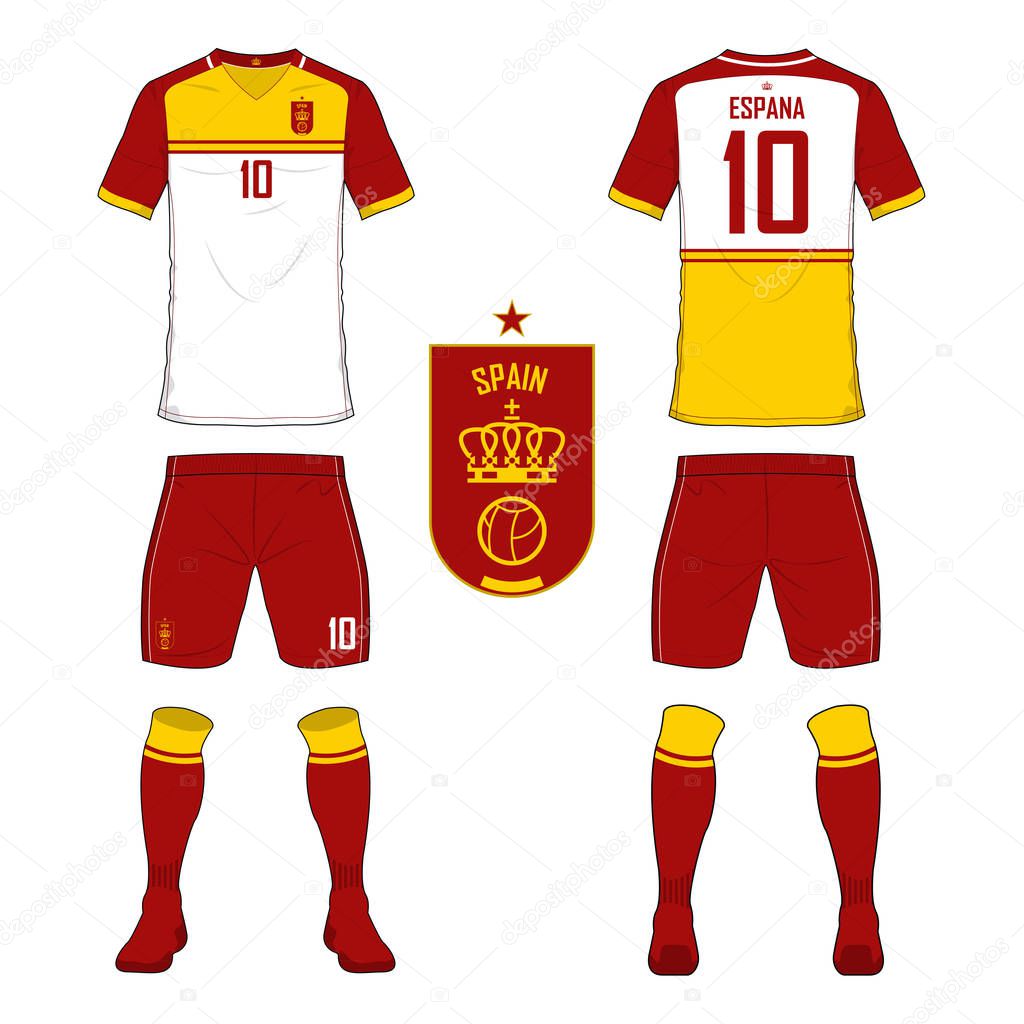Set of soccer jersey or football kit template for Spain national football team. Front and back view soccer uniform. Sport shirt mock up. Vector Illustration