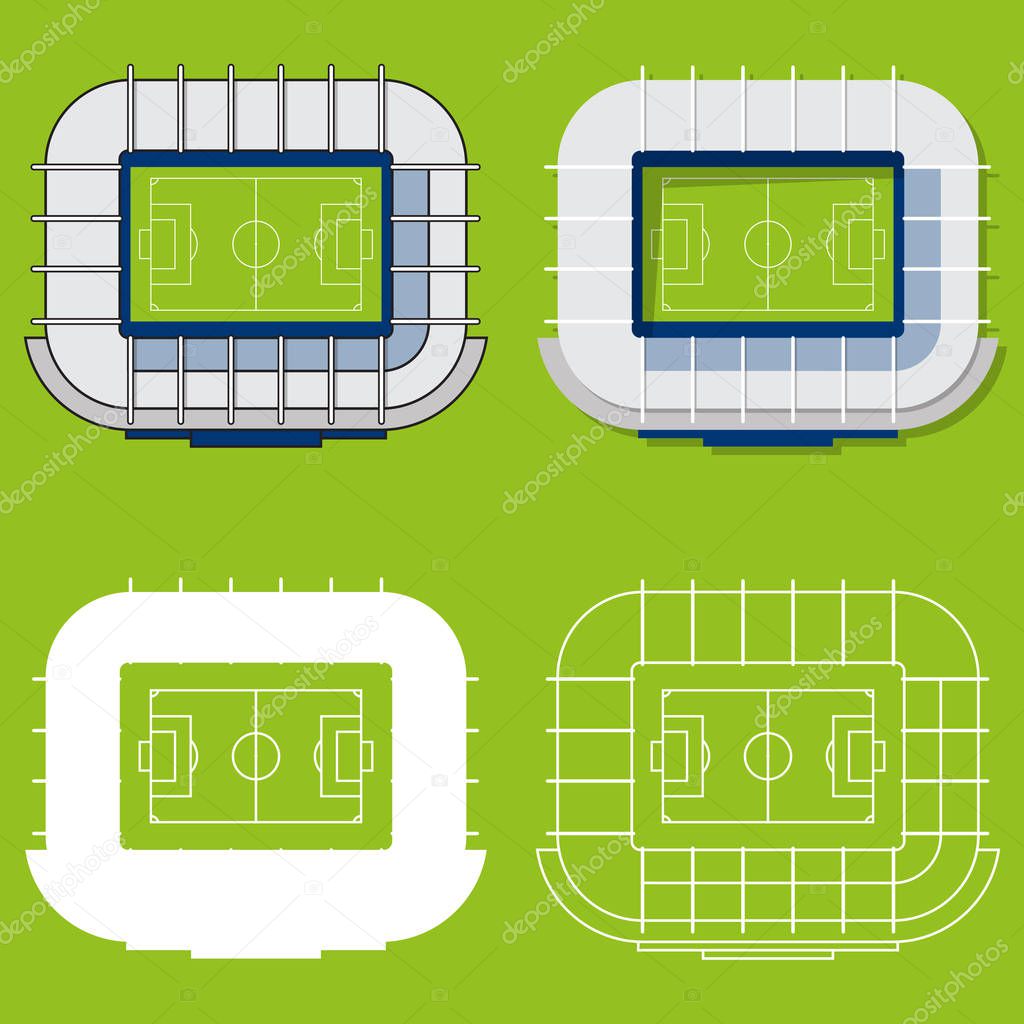 Set of football stadiums or soccer arena. Sport venue in flat design. Football stadium top view.