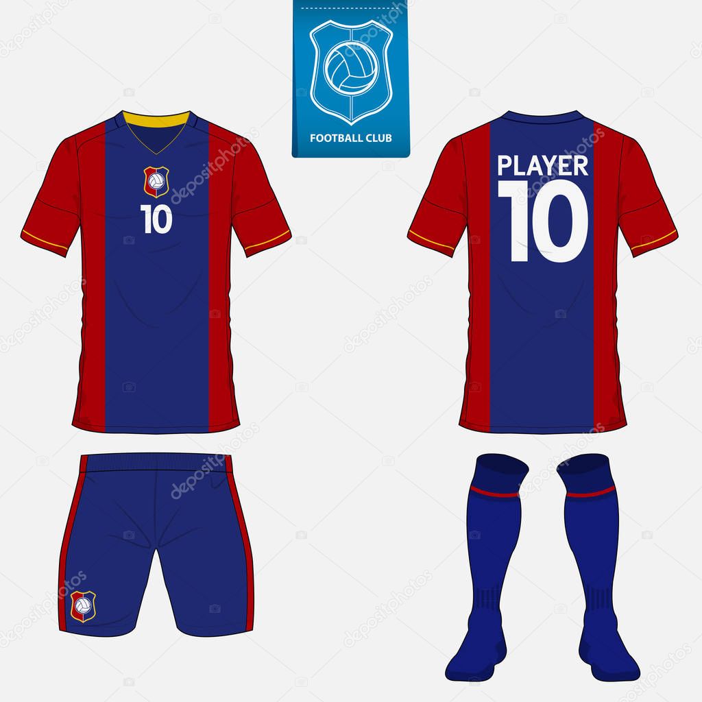 Set of soccer kit or football jersey template for football club. Flat football logo on blue label. Front and back view soccer uniform. Football shirt mock up.