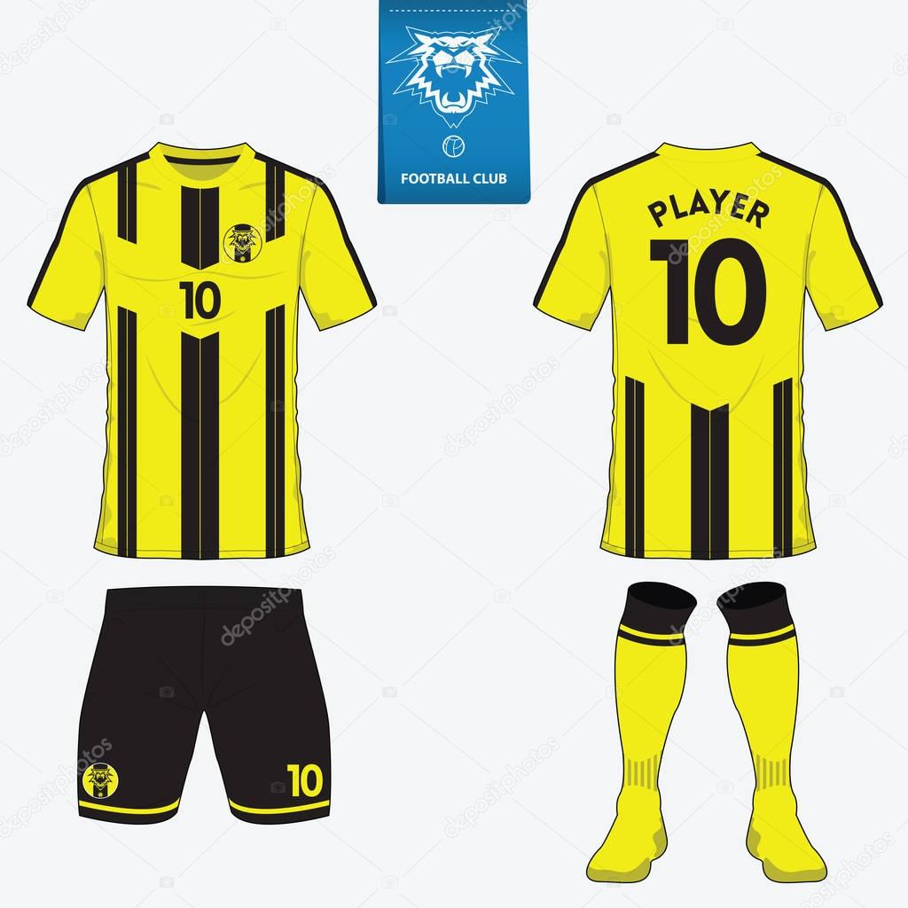 Set of soccer kit or football jersey template for football club. Flat football logo on blue label. Front and back view soccer uniform. Football shirt mock up. 