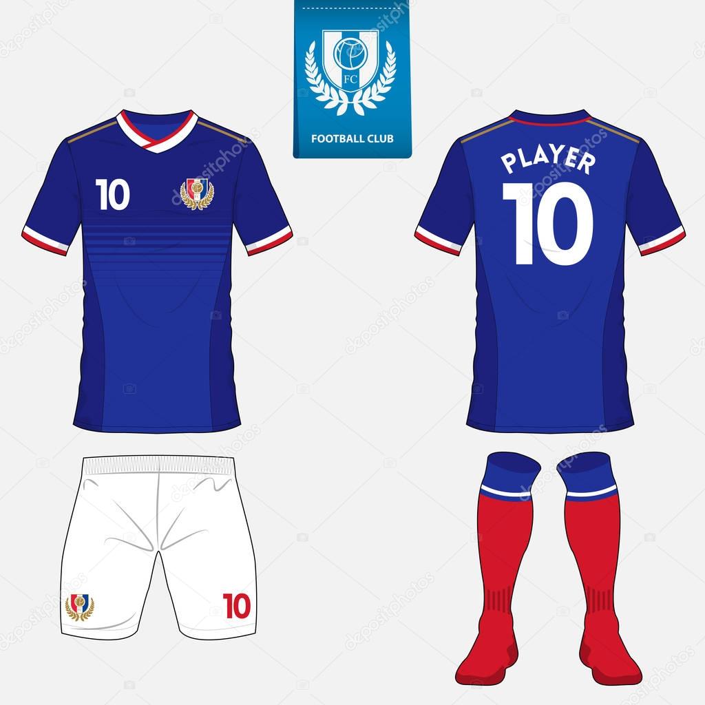 Set of soccer kit or football jersey template for football club. Flat football logo on blue label. Front and back view soccer uniform. Football shirt mock up. 