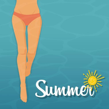 Deniz rahatlatıcı yüzen pembe bikini ile genç bir kadın. Vektör.