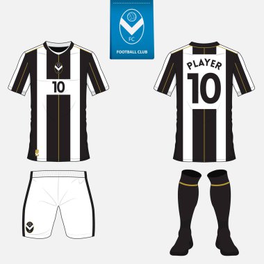 Futbol kulübü futbol takımı ya da futbol jersey şablonu kümesi. Mavi etiket üzerinde düz futbol logo. Ön ve arka futbol Tekdüzen görüntüleyin. Futbol forması kadar sahte. Vektör.