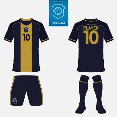 Futbol kulübü futbol takımı ya da futbol jersey şablonu kümesi. Mavi etiket üzerinde düz futbol logo. Ön ve arka futbol Tekdüzen görüntüleyin. Futbol forması kadar sahte. Vektör.