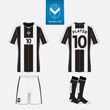 Futbol kulübü futbol takımı ya da futbol jersey şablonu kümesi. Mavi etiket üzerinde düz futbol logo. Ön ve arka futbol Tekdüzen görüntüleyin. Futbol forması kadar sahte.