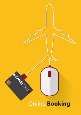 Kırmızı ve beyaz fare kredi kartı ile Online rezervasyon kavram, hat uçak düz tasarım. 