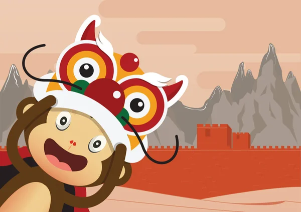 Personagem de desenho animado macaco e Grande Muralha da China fundo. 2016 Feliz Ano Novo Chinês. Vetor . — Vetor de Stock