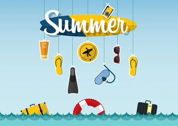 Tipografía de verano en la playa con iconos conjunto de viajes en diseño plano. Vacaciones de verano y paisajes marinos. Vector . — Vector de stock